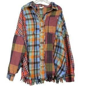 Oli & Hali Flannel Linen Blend Colorblock Fringe Boho Oversized Shirt